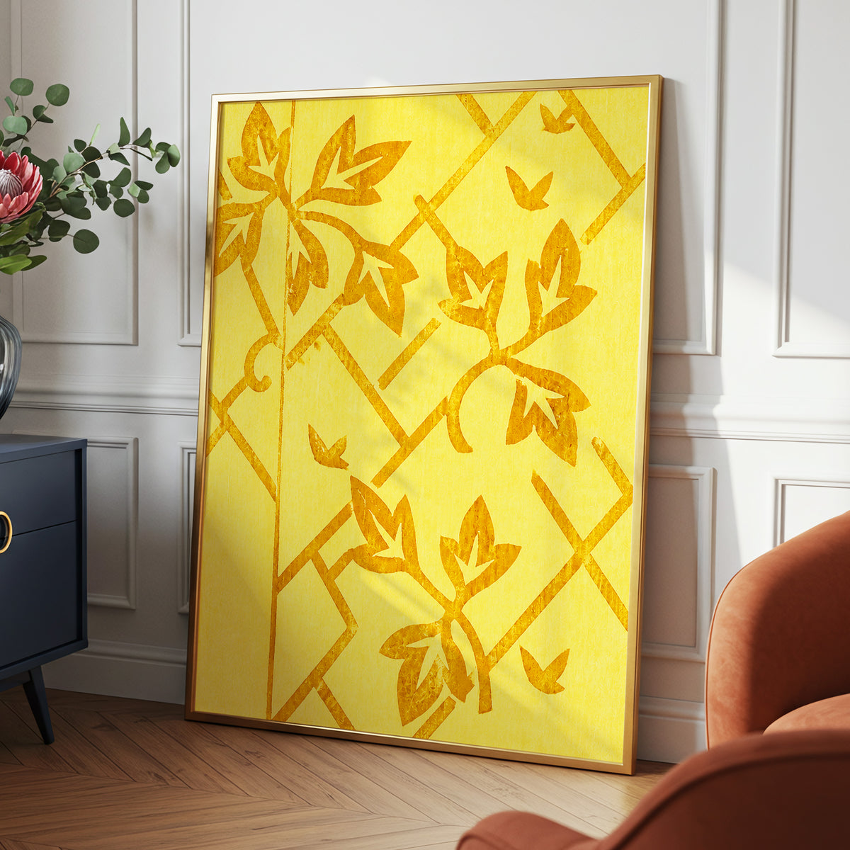 Golden Leaf Lattice, yellow, gold, orange nature wall art displayed in a styled interior, gallery view 2