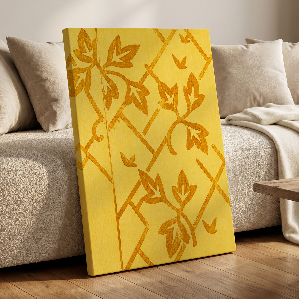 Golden Leaf Lattice, yellow, gold, orange nature wall art displayed in a styled interior, gallery view 3