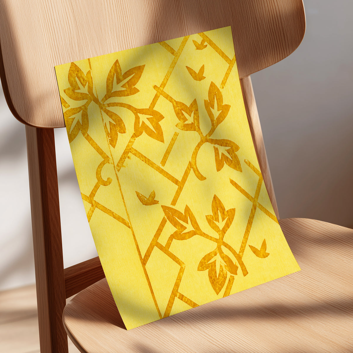 Golden Leaf Lattice, yellow, gold, orange nature wall art displayed in a styled interior, gallery view 5
