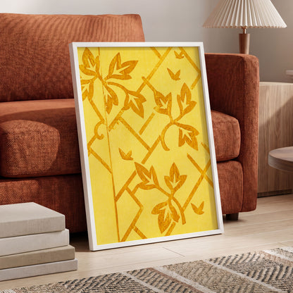 Golden Leaf Lattice, yellow, gold, orange nature wall art displayed in a styled interior, gallery view 6