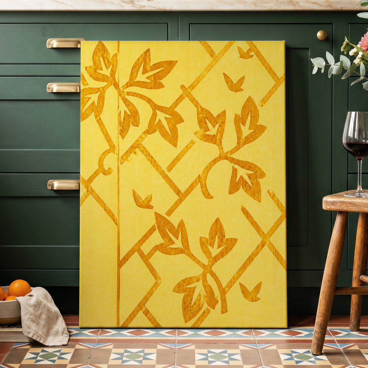 Golden Leaf Lattice, yellow, gold, orange nature wall art displayed in a styled interior, gallery view 7