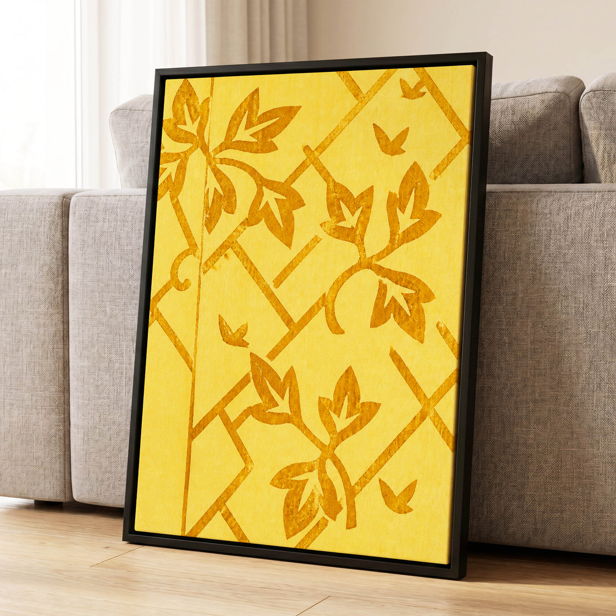 Golden Leaf Lattice, yellow, gold, orange nature wall art displayed in a styled interior, gallery view 8
