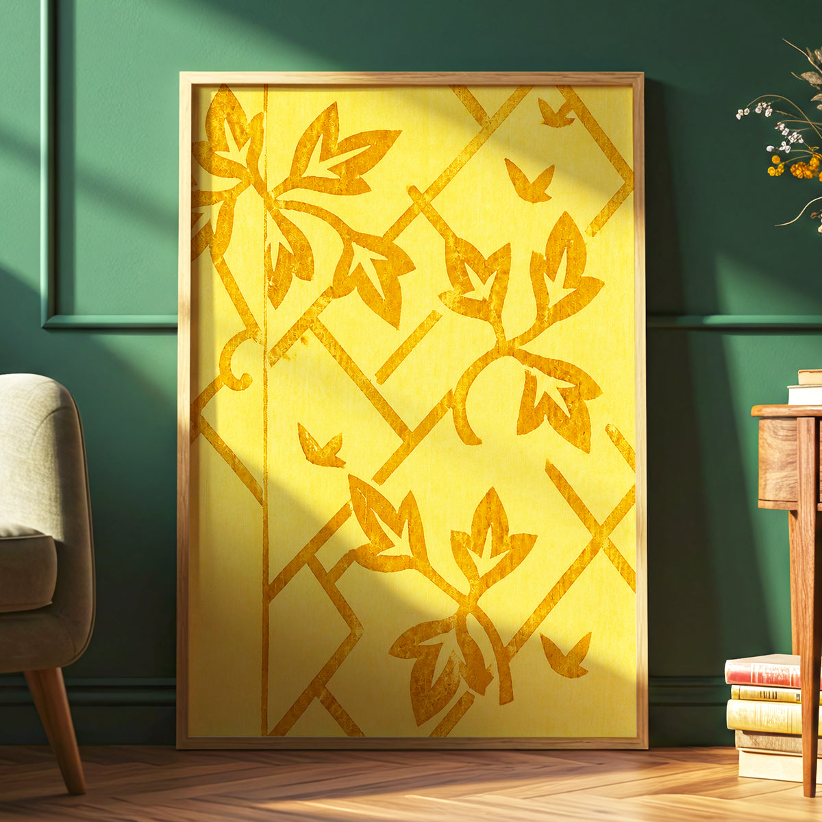 Golden Leaf Lattice, yellow, gold, orange nature wall art displayed in a styled interior, gallery view 9