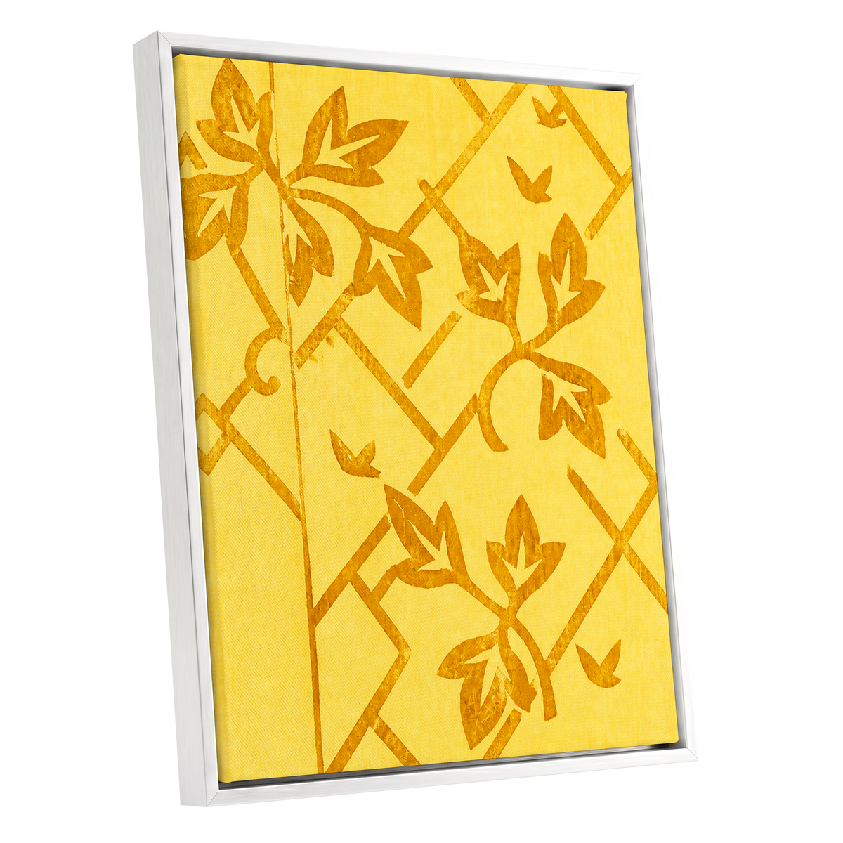 Golden Leaf Lattice, yellow, gold, orange nature wall art shown as a white framed canvas wall art