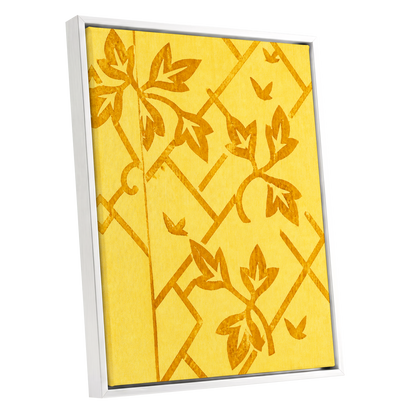Golden Leaf Lattice, yellow, gold, orange nature wall art shown as a white framed canvas wall art