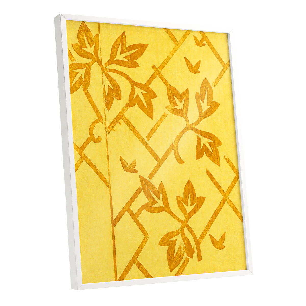 Golden Leaf Lattice, yellow, gold, orange nature wall art shown as a white framed poster wall art print