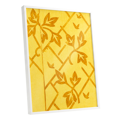Golden Leaf Lattice, yellow, gold, orange nature wall art shown as a white framed poster wall art print