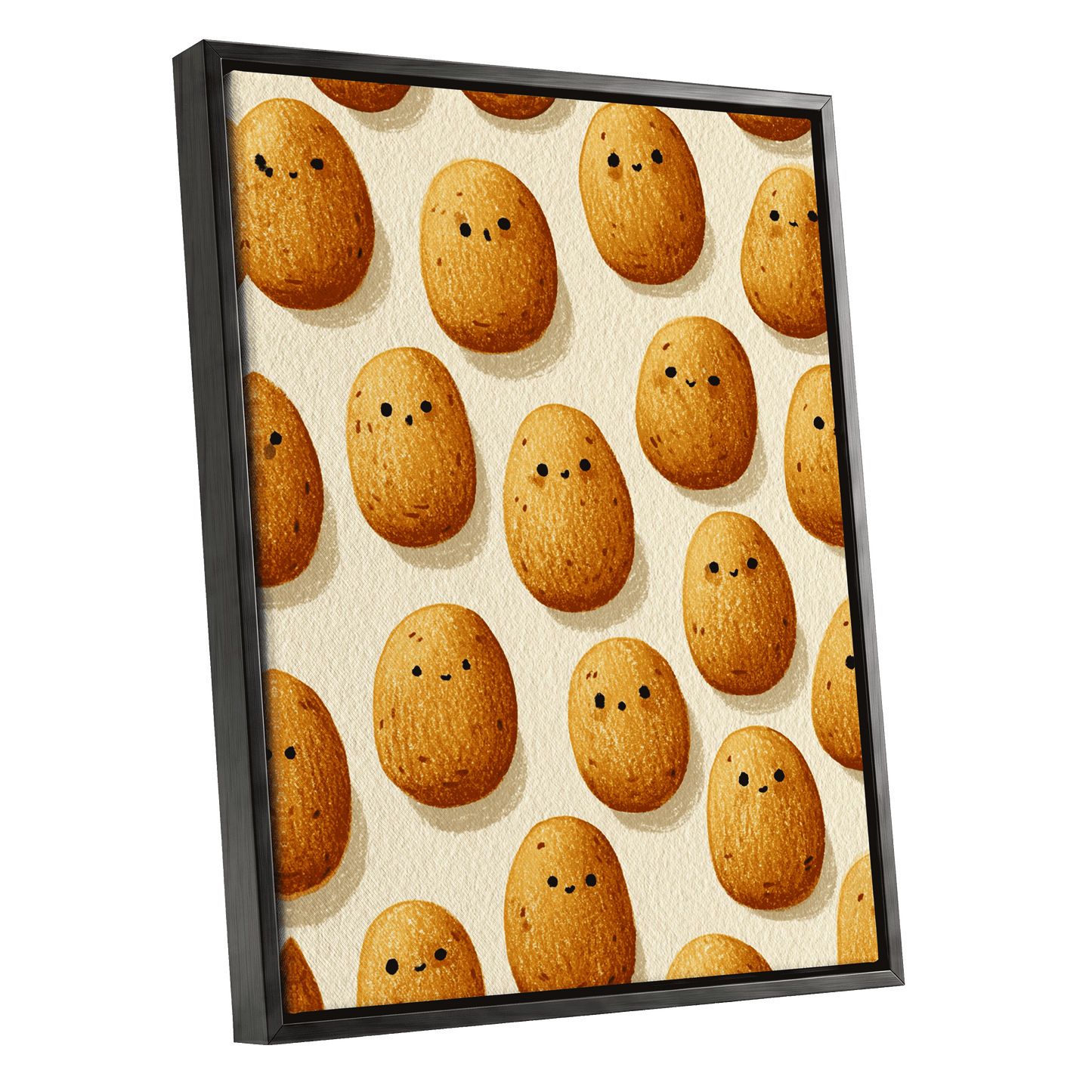 Golden Little Faces, gold, beige, brown minimalist wall art shown as a black framed canvas wall art