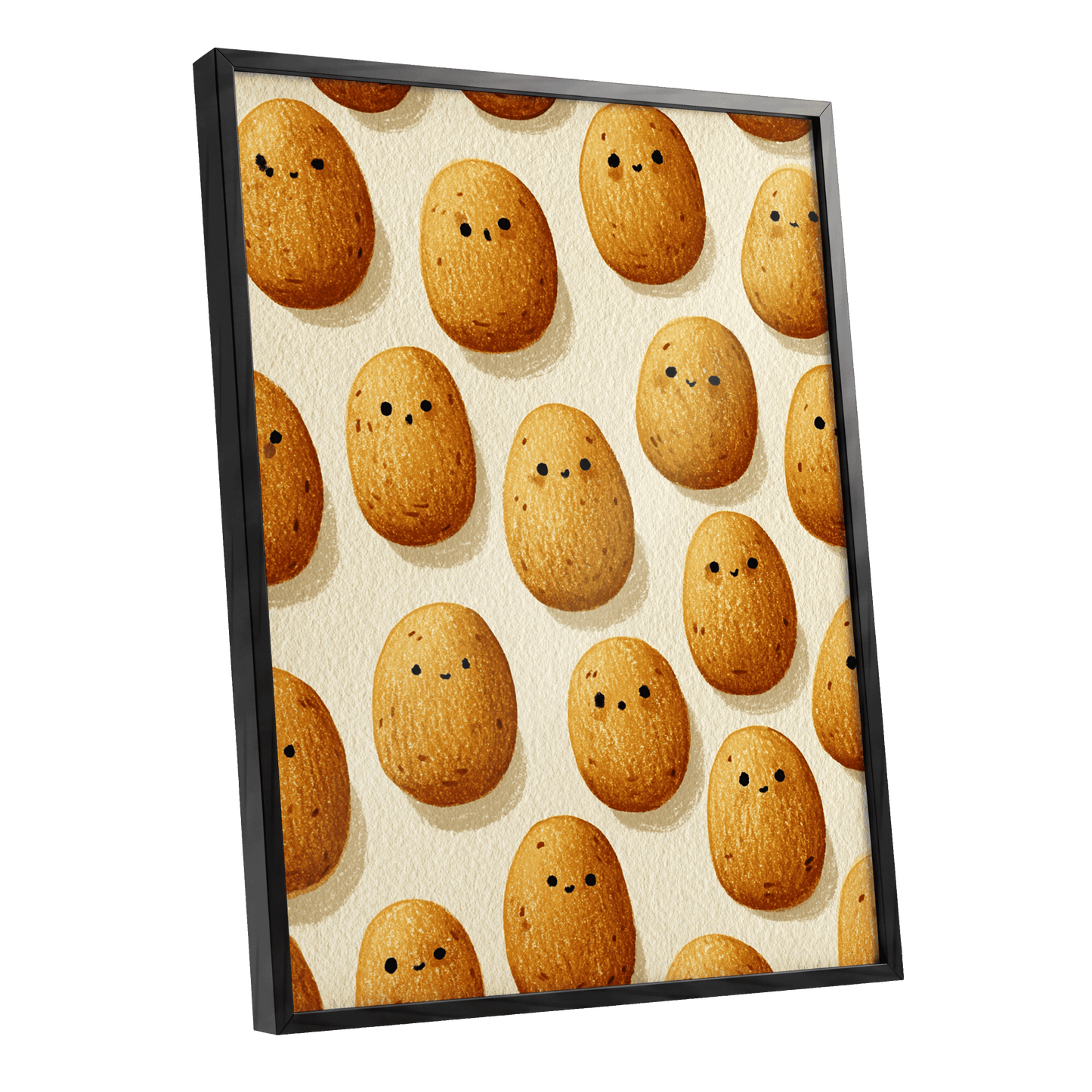 Golden Little Faces, gold, beige, brown minimalist wall art shown as a black framed poster wall art print