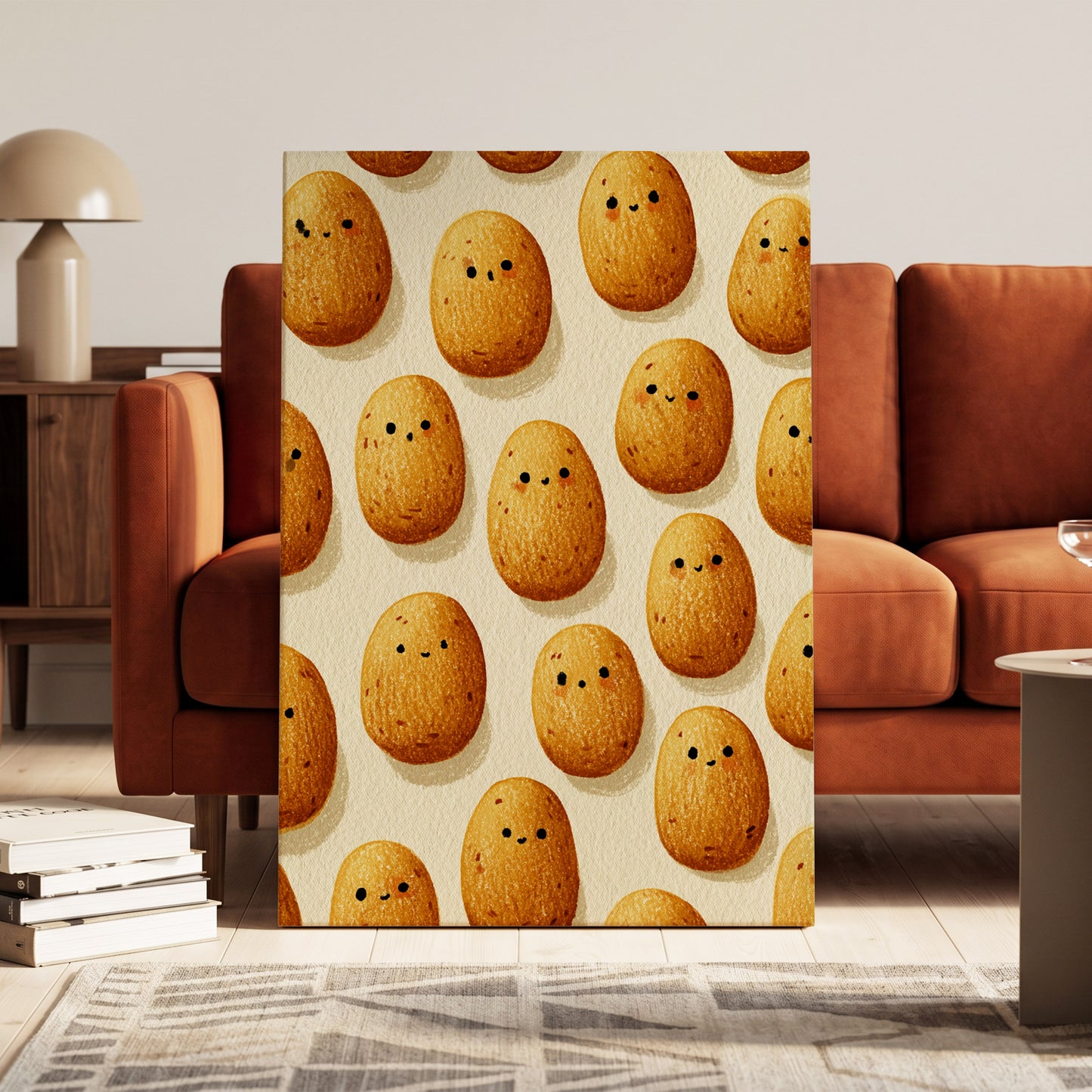Golden Little Faces, gold, beige, brown minimalist wall art on canvas displayed in a styled interior, gallery view 1