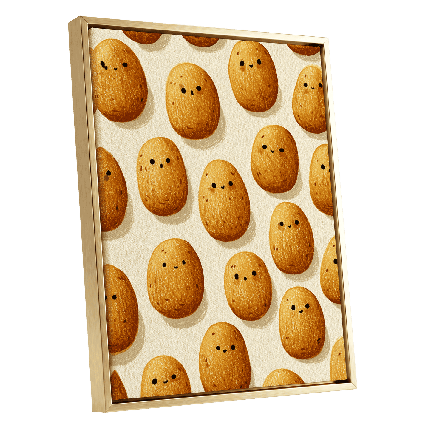 Golden Little Faces, gold, beige, brown minimalist wall art shown as a gold framed canvas wall art