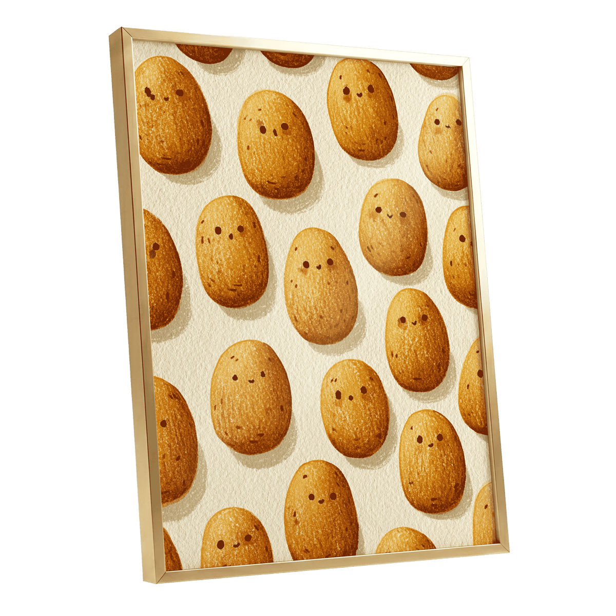 Golden Little Faces, gold, beige, brown minimalist wall art shown as a gold framed poster wall art print