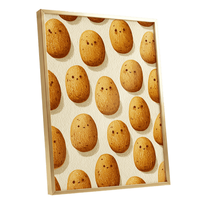 Golden Little Faces, gold, beige, brown minimalist wall art shown as a gold framed poster wall art print