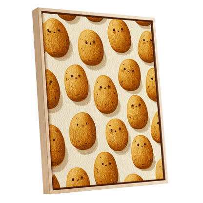 Golden Little Faces, gold, beige, brown minimalist wall art shown as a oak framed canvas wall art