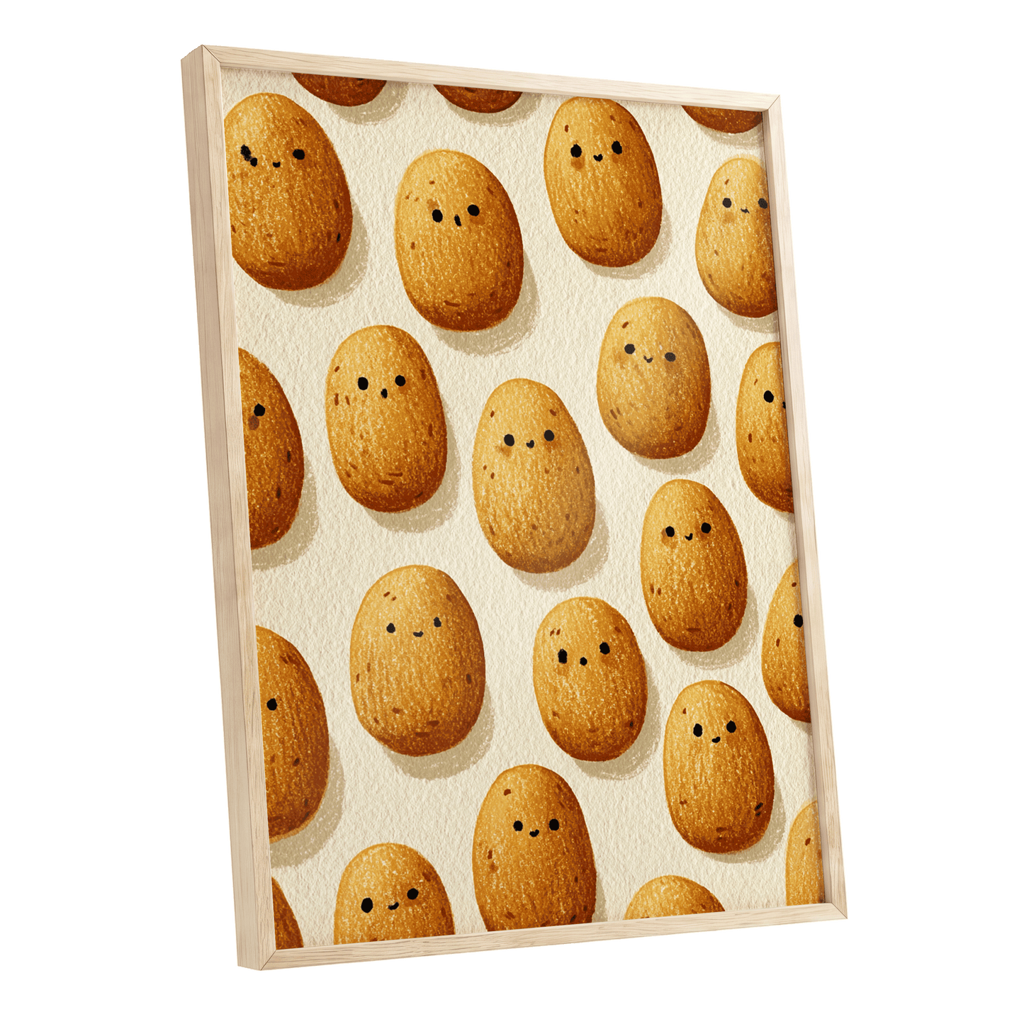 Golden Little Faces, gold, beige, brown minimalist wall art shown as a oak framed poster wall art print