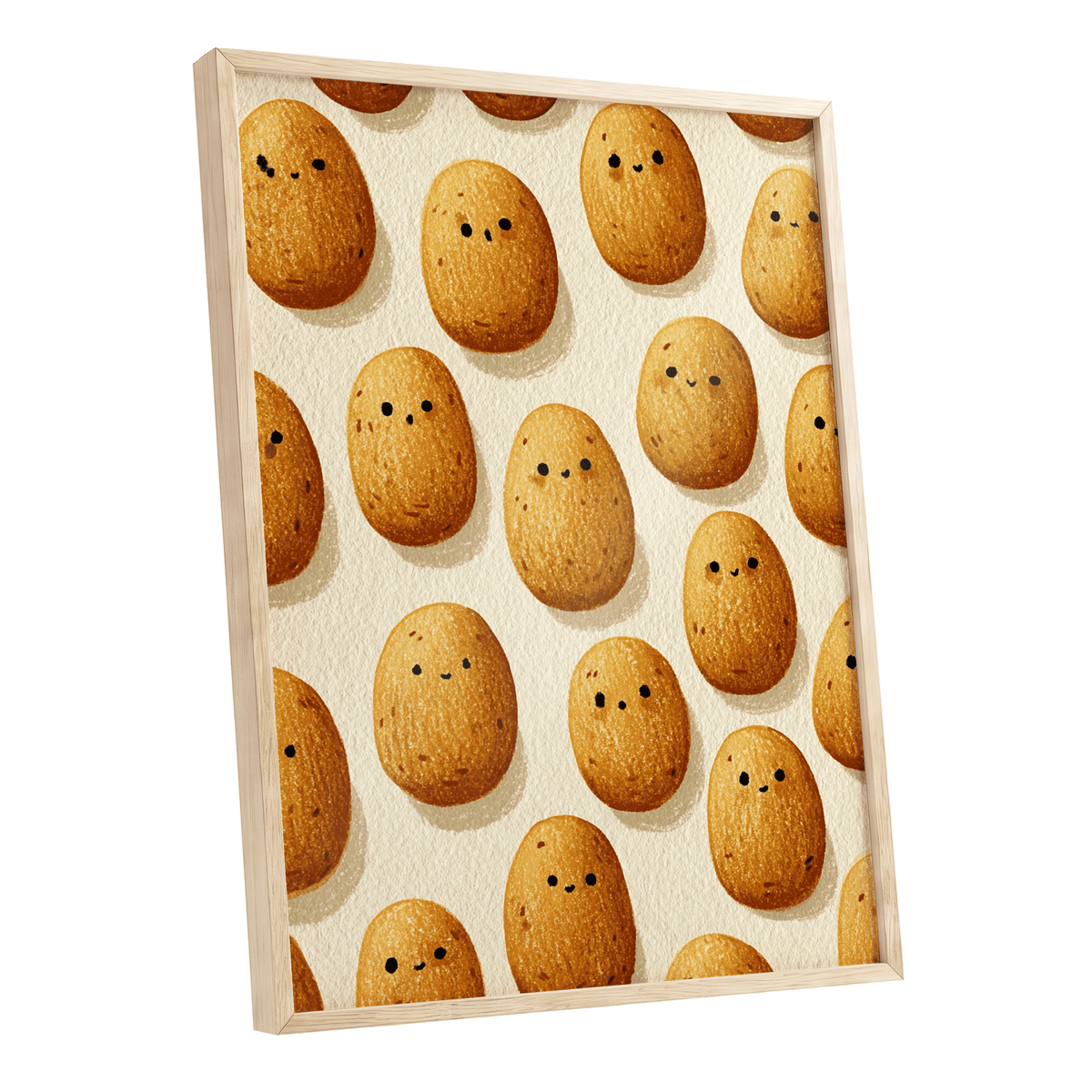 Golden Little Faces, gold, beige, brown minimalist wall art shown as a oak framed poster wall art print