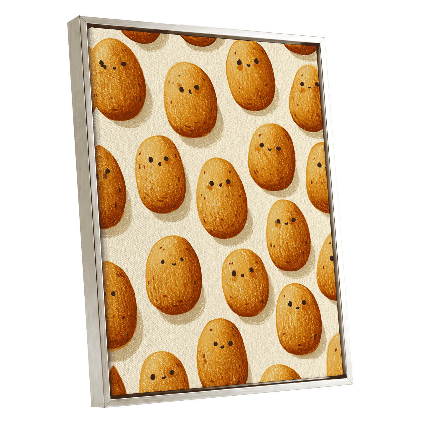 Golden Little Faces, gold, beige, brown minimalist wall art shown as a silver framed canvas wall art