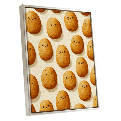 Golden Little Faces, gold, beige, brown minimalist wall art shown as a silver framed canvas wall art