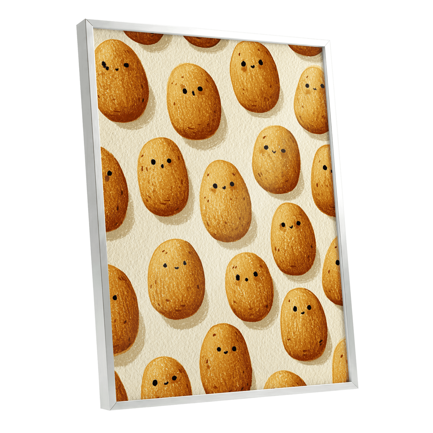 Golden Little Faces, gold, beige, brown minimalist wall art shown as a silver framed poster wall art print
