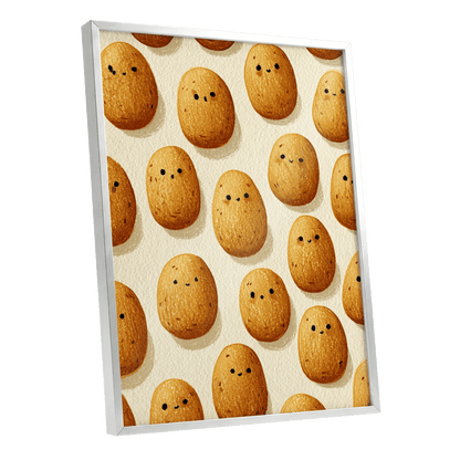 Golden Little Faces, gold, beige, brown minimalist wall art shown as a silver framed poster wall art print