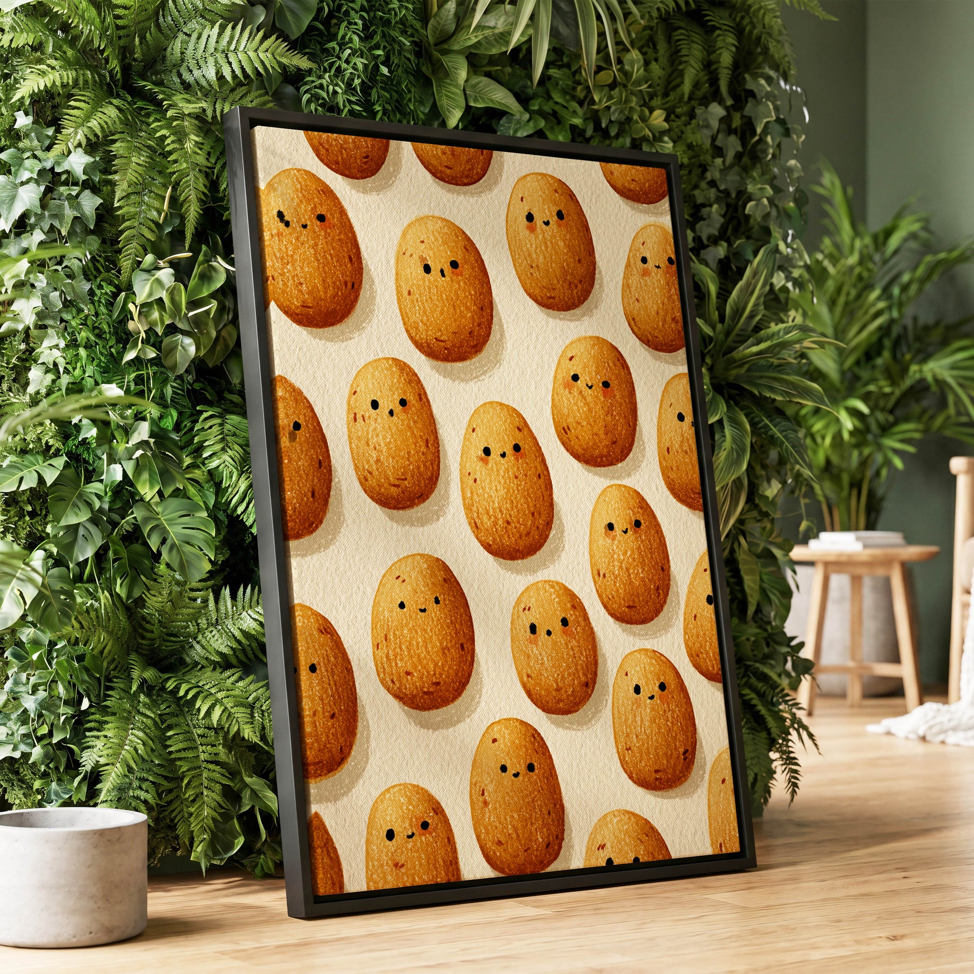 Golden Little Faces, gold, beige, brown minimalist wall art displayed in a styled interior, gallery view 1