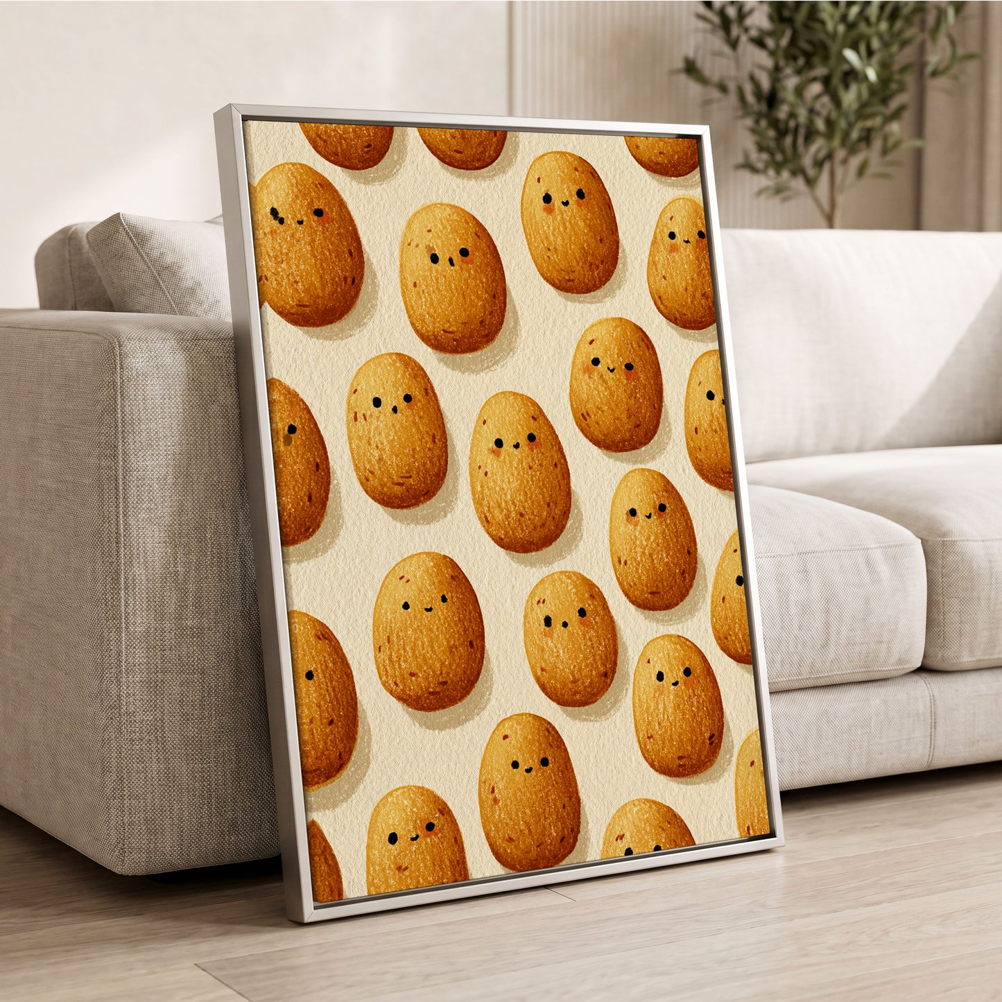 Golden Little Faces, gold, beige, brown minimalist wall art displayed in a styled interior, gallery view 2