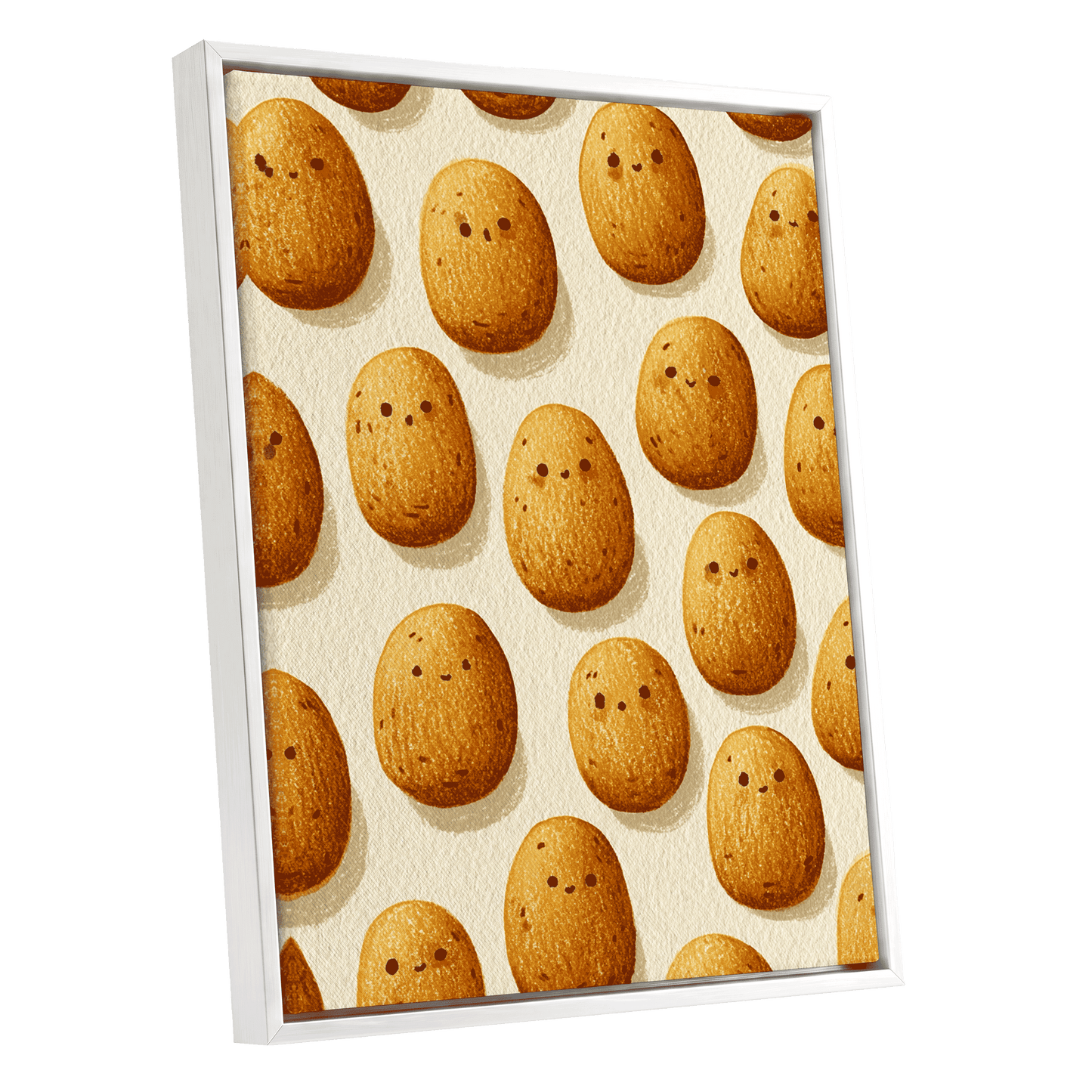 Golden Little Faces, gold, beige, brown minimalist wall art shown as a white framed canvas wall art