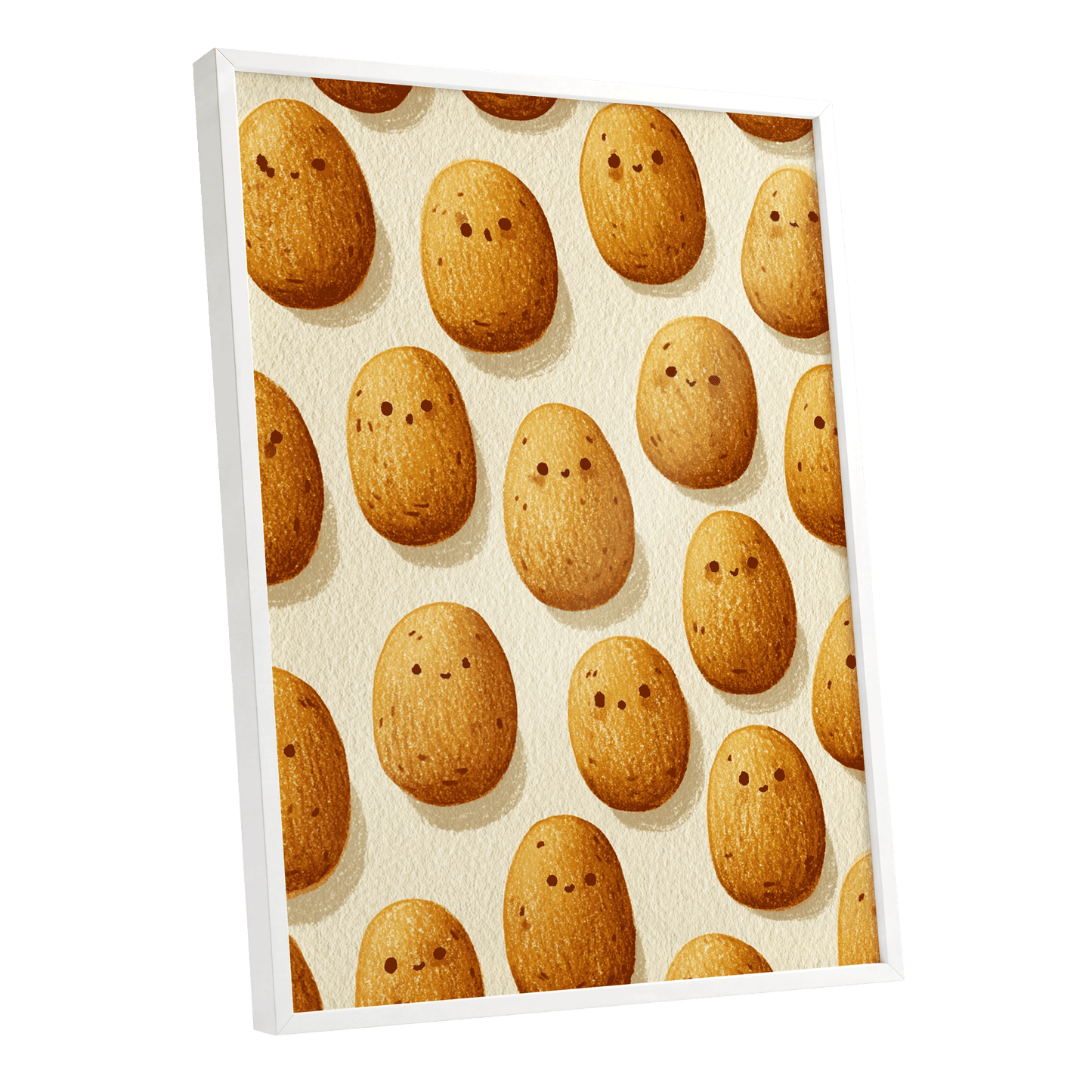 Golden Little Faces, gold, beige, brown minimalist wall art shown as a white framed poster wall art print