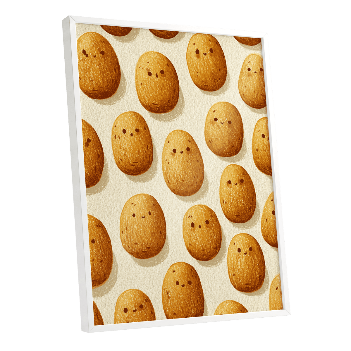 Golden Little Faces, gold, beige, brown minimalist wall art shown as a white framed poster wall art print