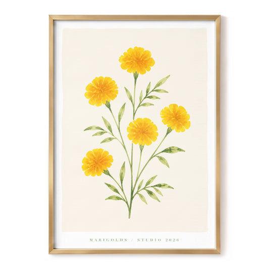Golden Marigold Study, yellow, green, beige floral wall art, front artwork view