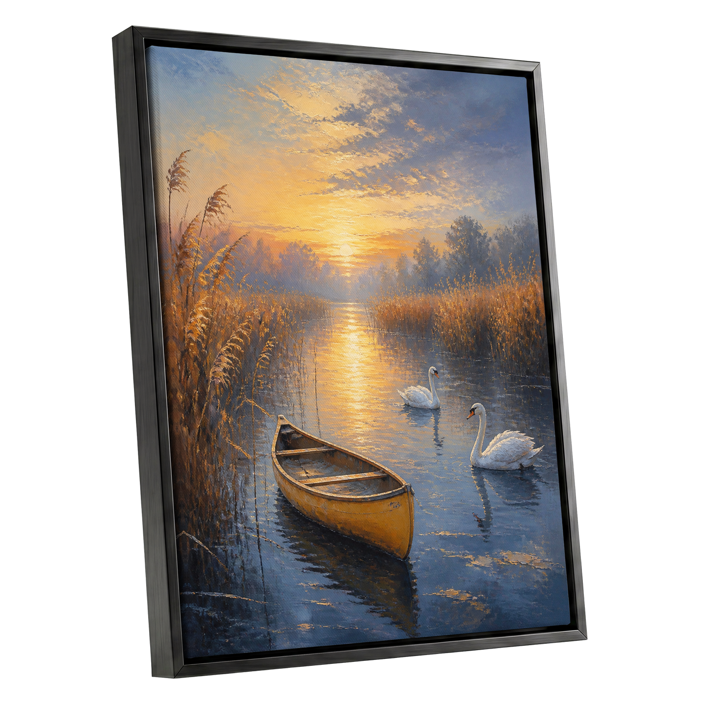 Golden Marsh Reverie, blue, gold, brown nature wall art shown as a black framed canvas wall art