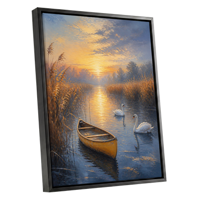 Golden Marsh Reverie, blue, gold, brown nature wall art shown as a black framed canvas wall art