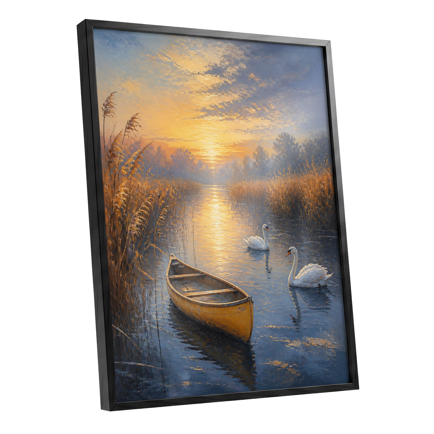 Golden Marsh Reverie, blue, gold, brown nature wall art shown as a black framed poster wall art print