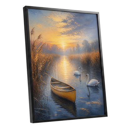 Golden Marsh Reverie, blue, gold, brown nature wall art shown as a black framed poster wall art print