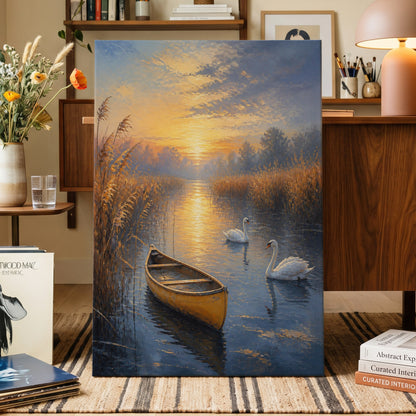Golden Marsh Reverie, blue, gold, brown nature wall art on canvas displayed in a styled interior, gallery view 1