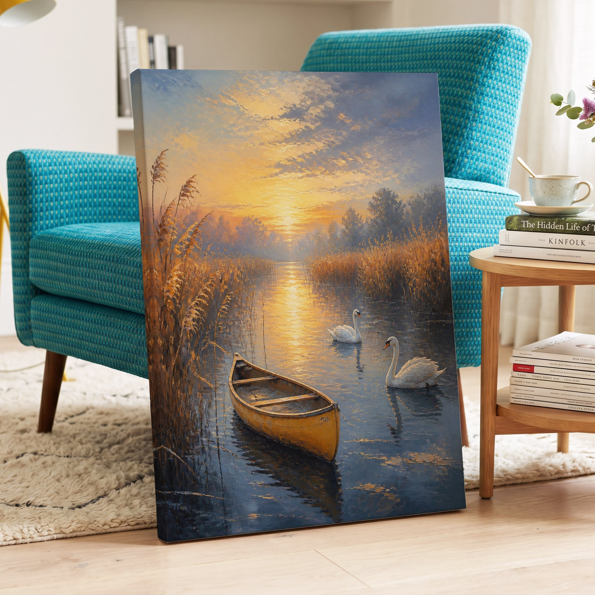 Golden Marsh Reverie, blue, gold, brown nature wall art on canvas displayed in a styled interior, gallery view 2