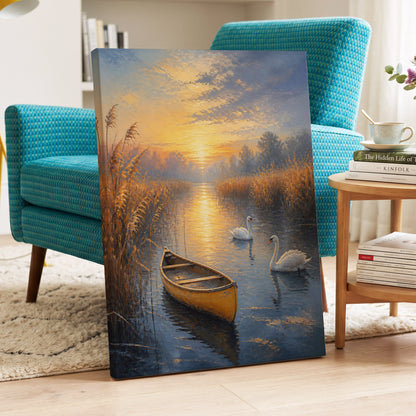 Golden Marsh Reverie, blue, gold, brown nature wall art on canvas displayed in a styled interior, gallery view 2