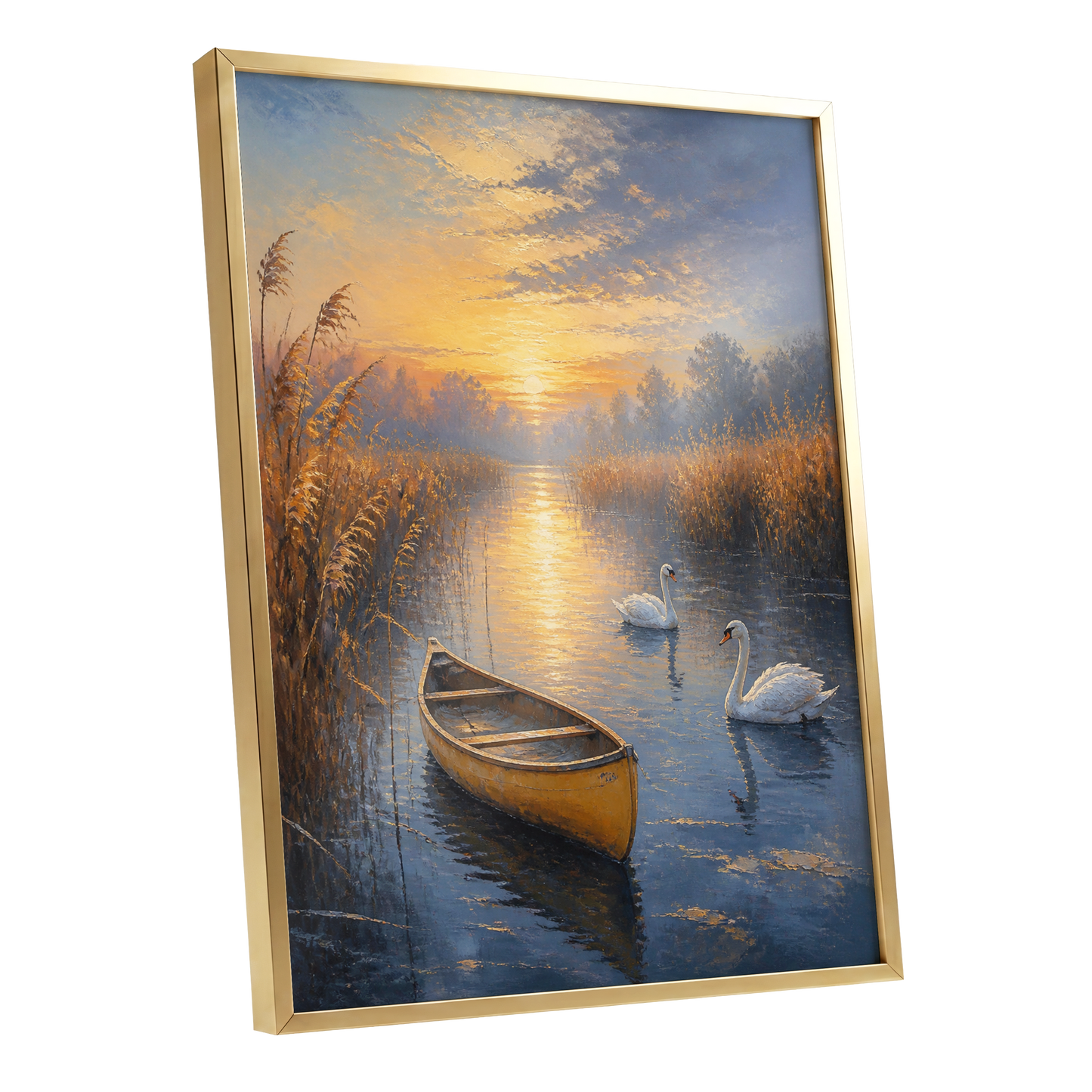 Golden Marsh Reverie, blue, gold, brown nature wall art shown as a gold framed poster wall art print