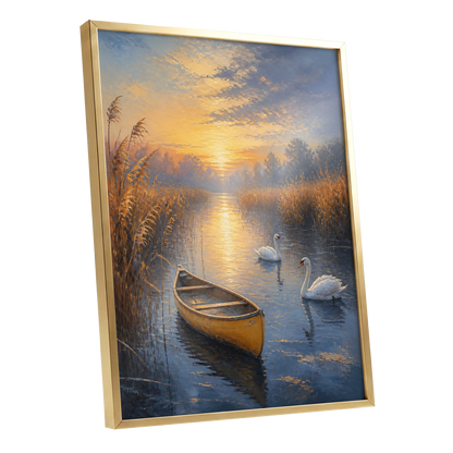 Golden Marsh Reverie, blue, gold, brown nature wall art shown as a gold framed poster wall art print