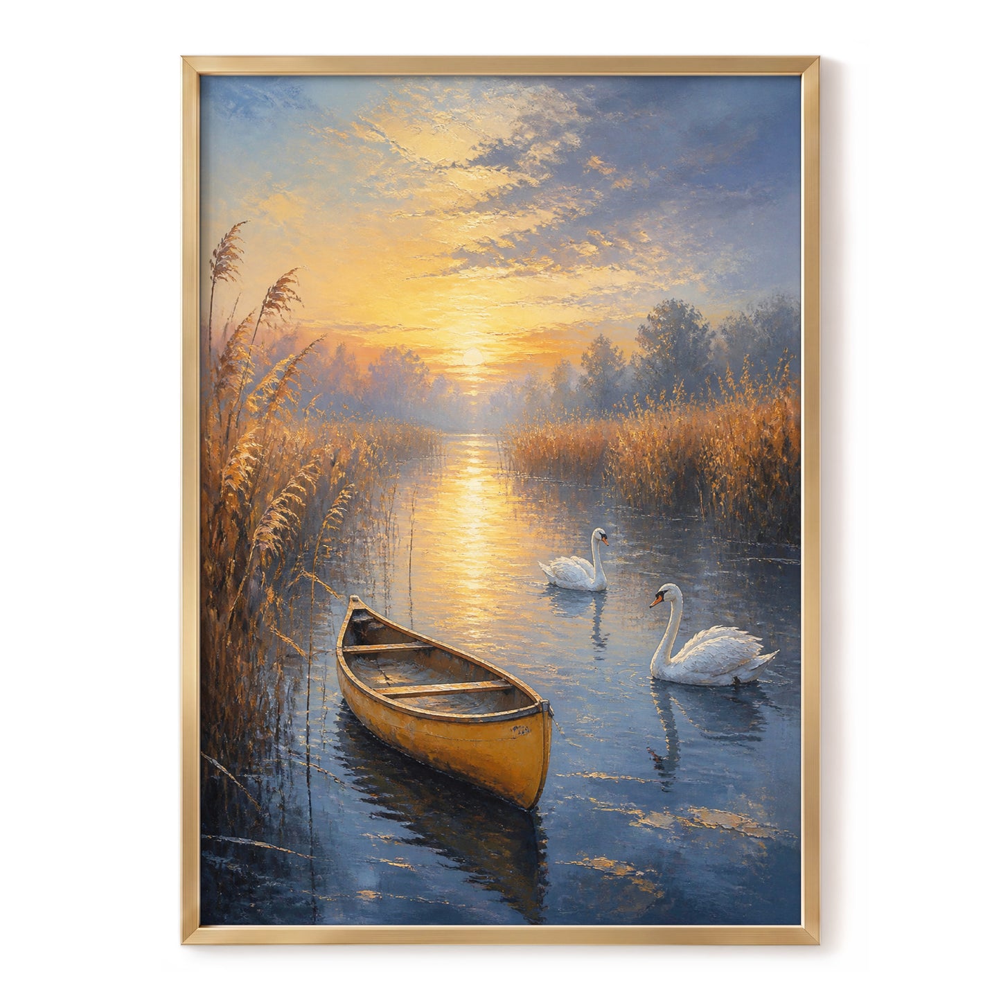 Golden Marsh Reverie, blue, gold, brown nature wall art, front artwork view
