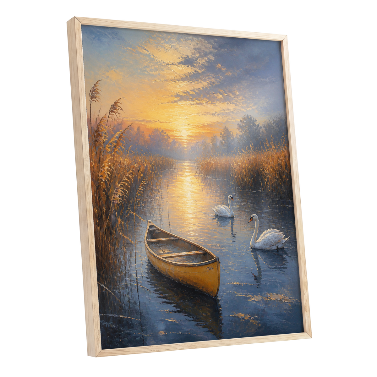 Golden Marsh Reverie, blue, gold, brown nature wall art shown as a oak framed poster wall art print