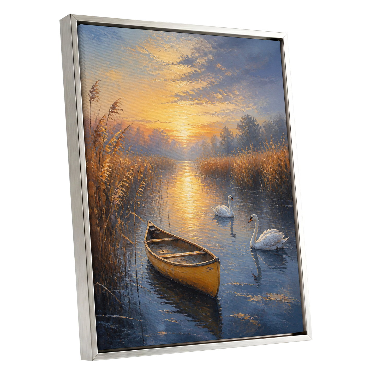Golden Marsh Reverie, blue, gold, brown nature wall art shown as a silver framed canvas wall art