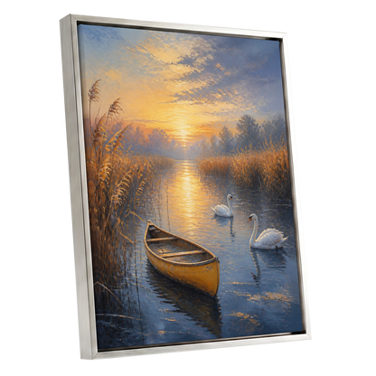 Golden Marsh Reverie, blue, gold, brown nature wall art shown as a silver framed canvas wall art