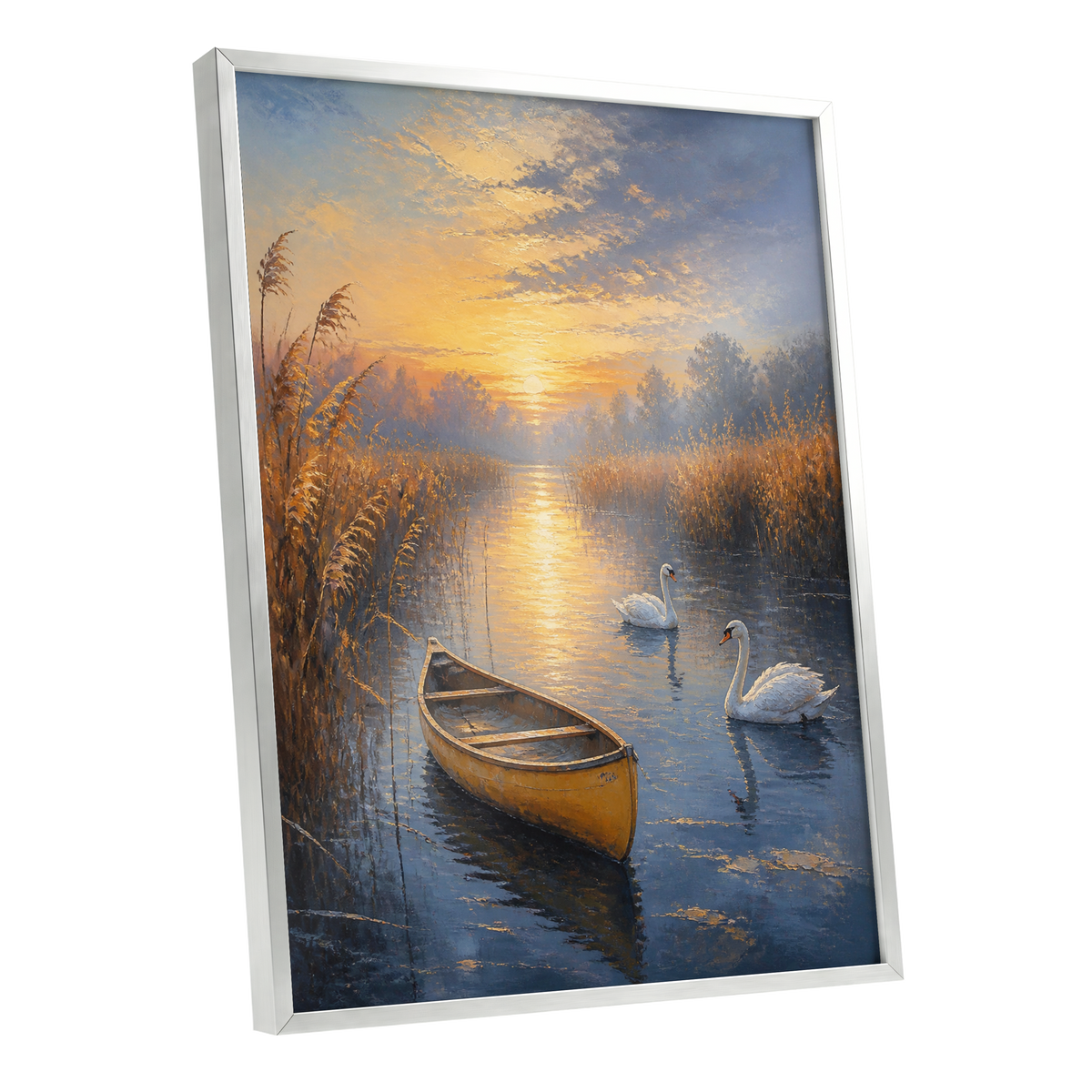 Golden Marsh Reverie, blue, gold, brown nature wall art shown as a silver framed poster wall art print
