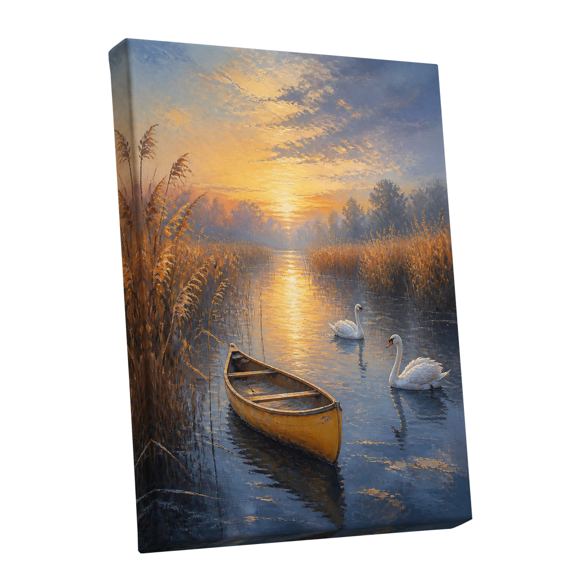 Golden Marsh Reverie, blue, gold, brown nature wall art shown as a stretched canvas wall art