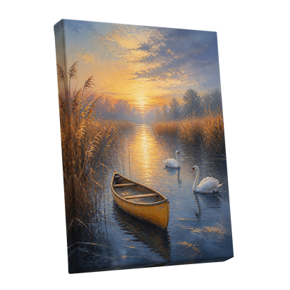 Golden Marsh Reverie, blue, gold, brown nature wall art shown as a stretched canvas wall art