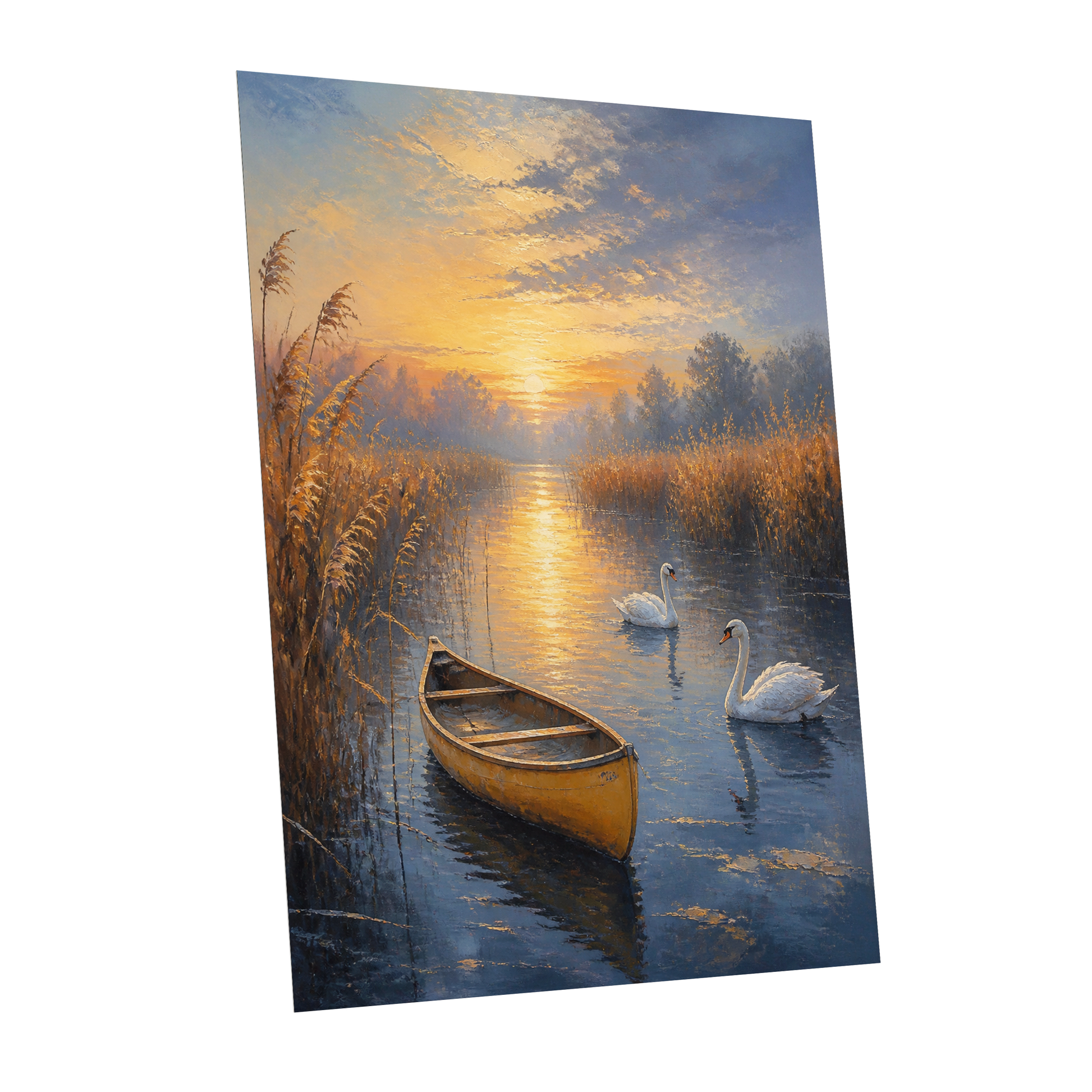 Golden Marsh Reverie, blue, gold, brown nature wall art shown as a unframed poster wall art print