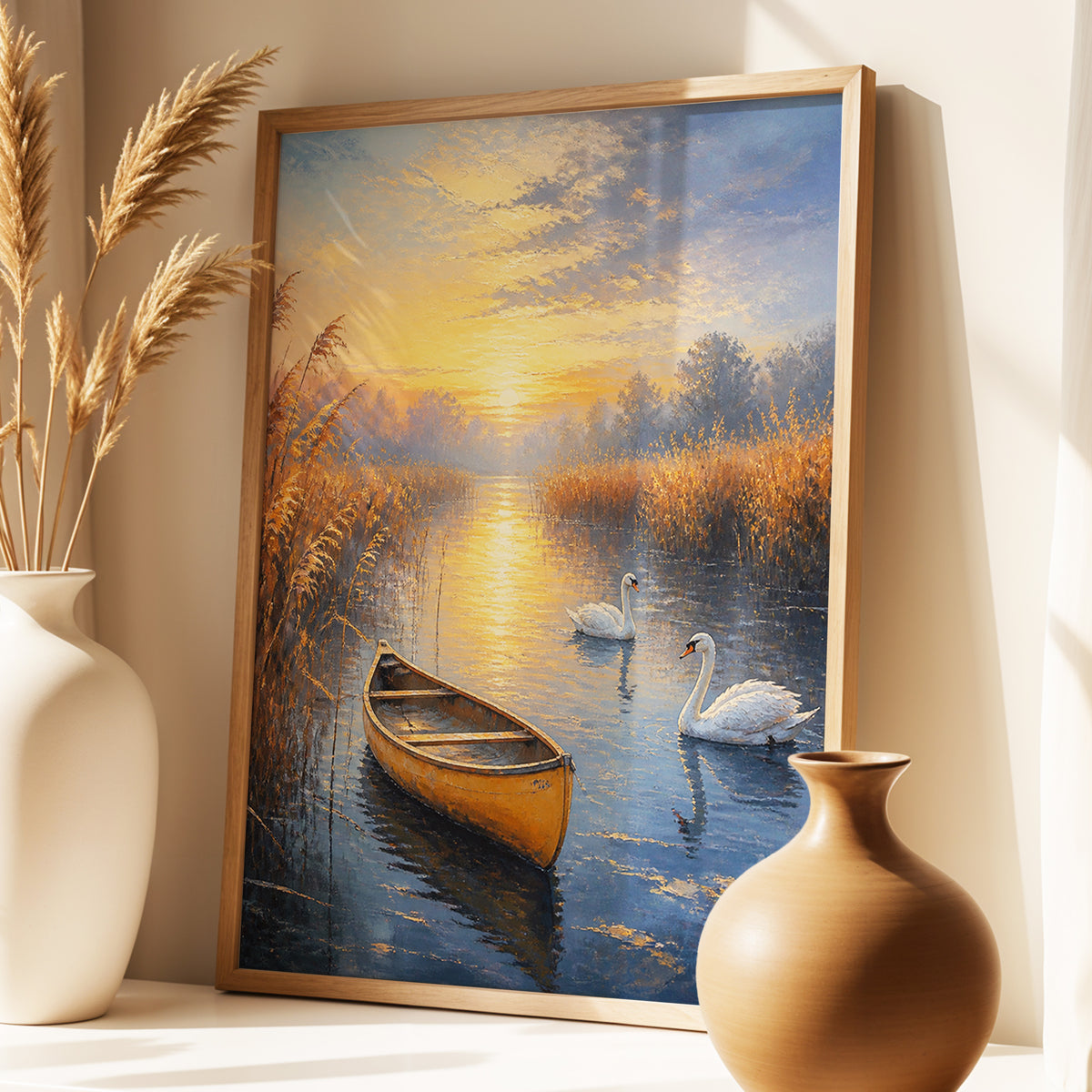 Golden Marsh Reverie, blue, gold, brown nature wall art displayed in a styled interior, gallery view 1