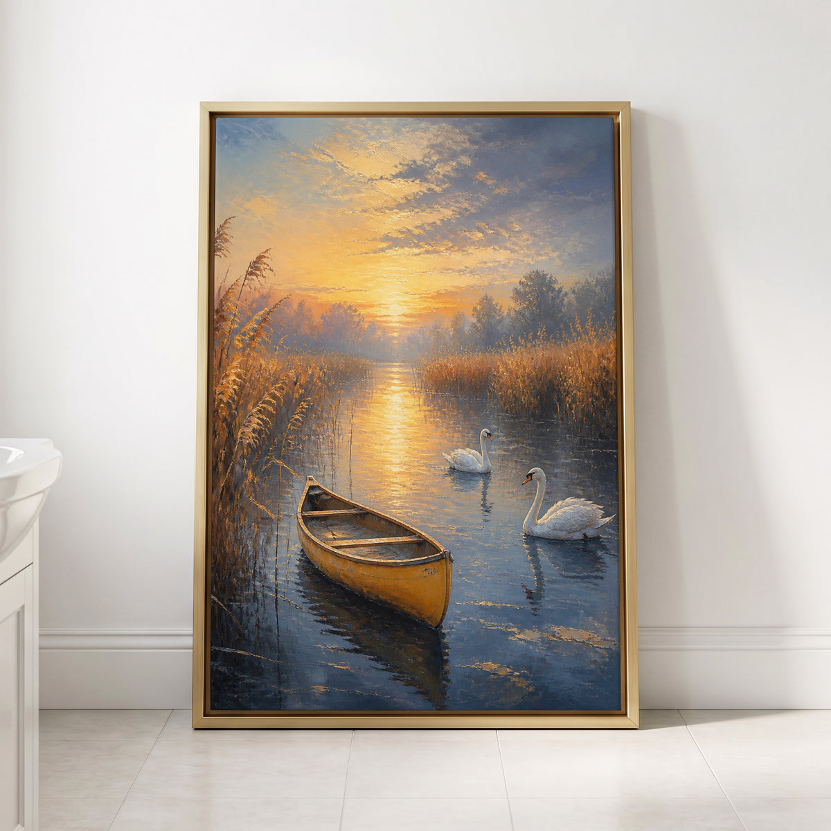 Golden Marsh Reverie, blue, gold, brown nature wall art displayed in a styled interior, gallery view 2
