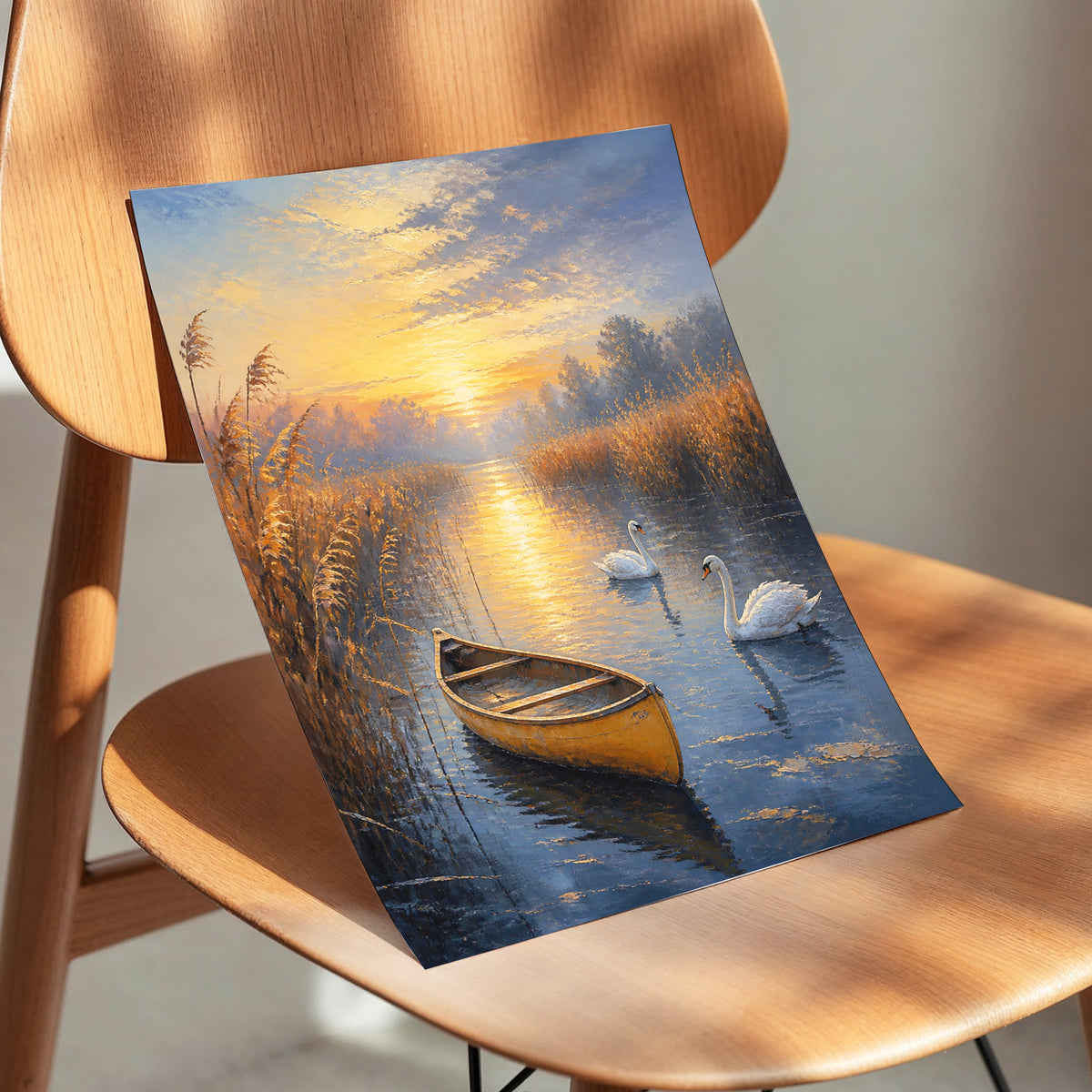 Golden Marsh Reverie, blue, gold, brown nature wall art displayed in a styled interior, gallery view 3